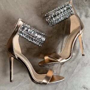 Liliana Rose Gold Open Toe Stiletto Heels with Rhinestone Ankle Strap